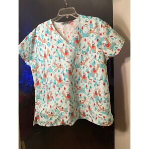 Wear for Care Women's Christmas Scrubs Top size L pale blue aqua red white EUC